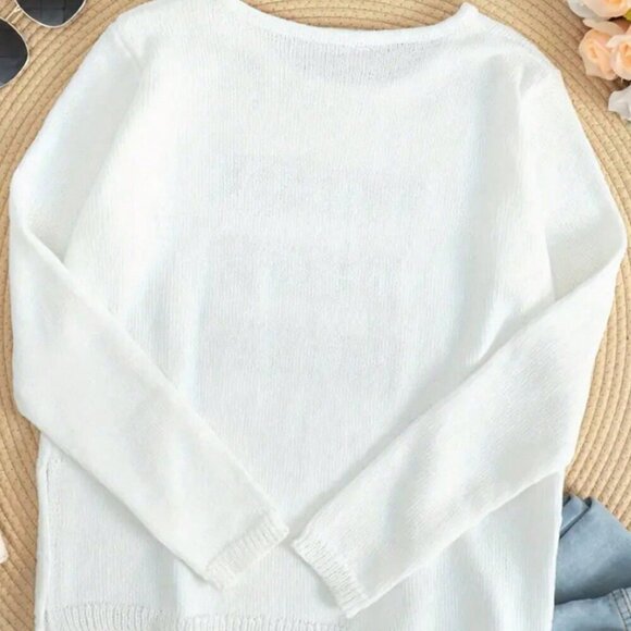 White Casual Women's Round Neck Long Sleeve Side Split Letter Knitted Sweater - Picture 2 of 4